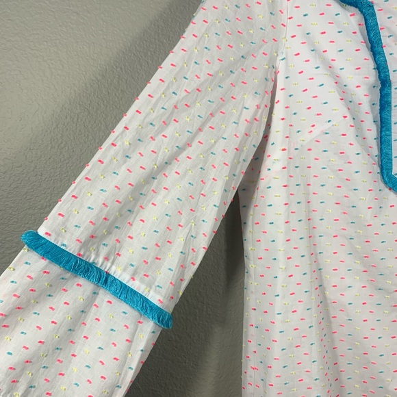 Sail to Sable White Neon Dot Fringe Boho Smock Dress M - Picture 4 of 7